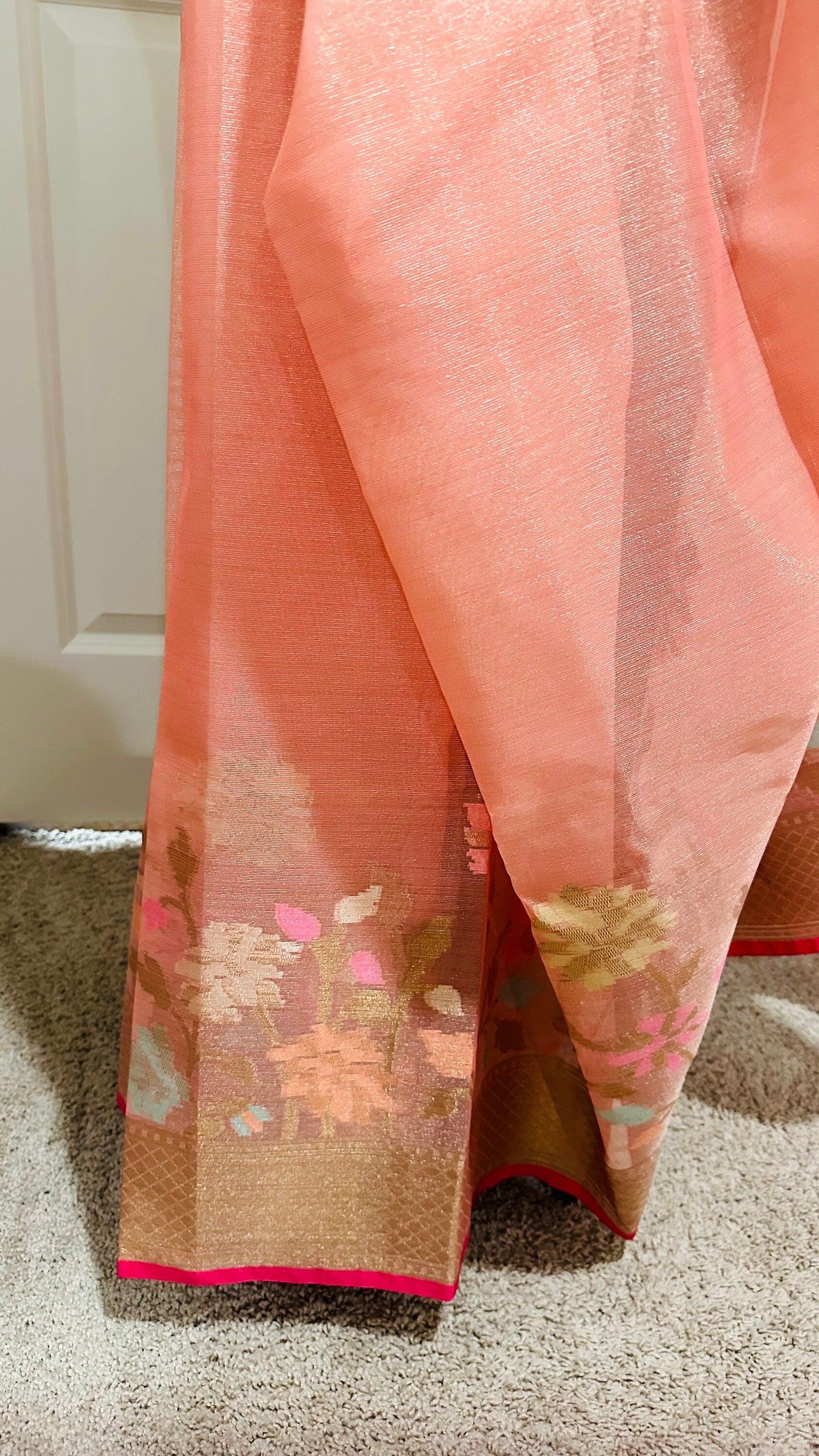 Banarasi Tissue Silk Saree with Skirt Border and sticthed blouse