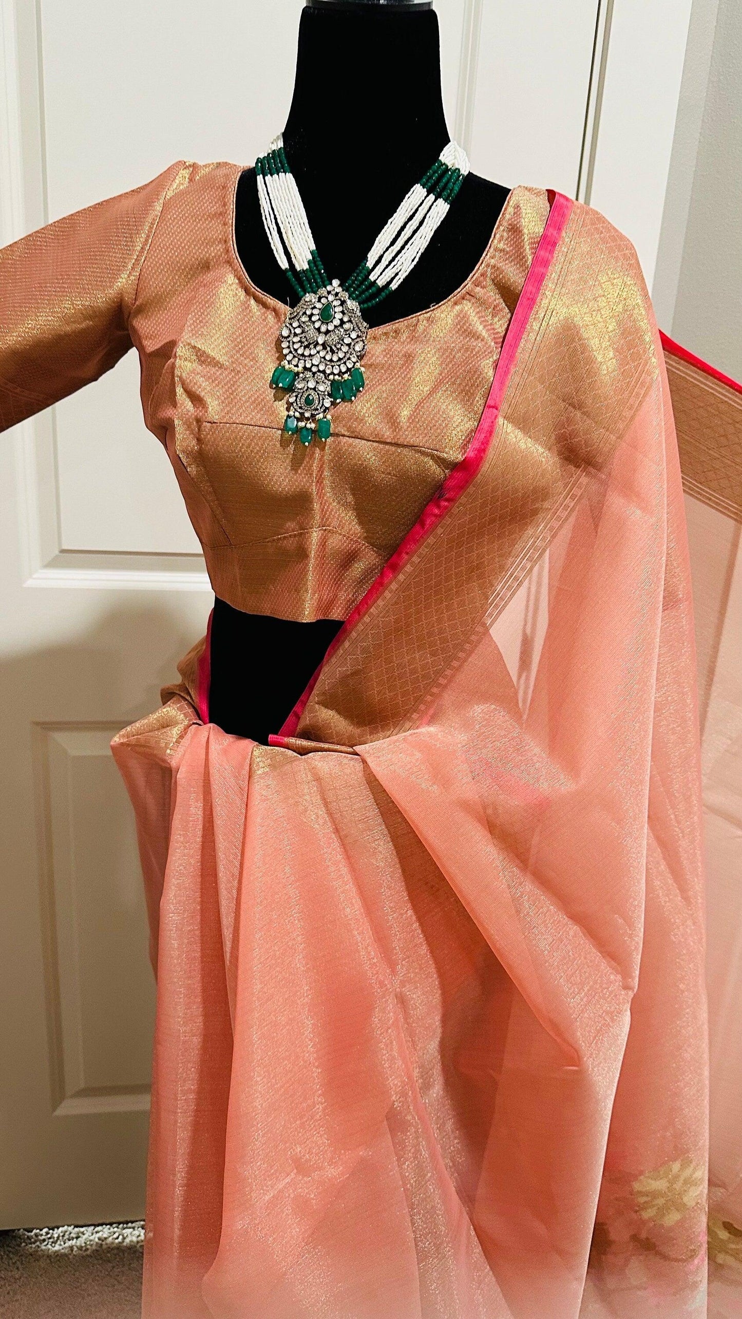 Banarasi Tissue Silk Saree with Skirt Border and sticthed blouse