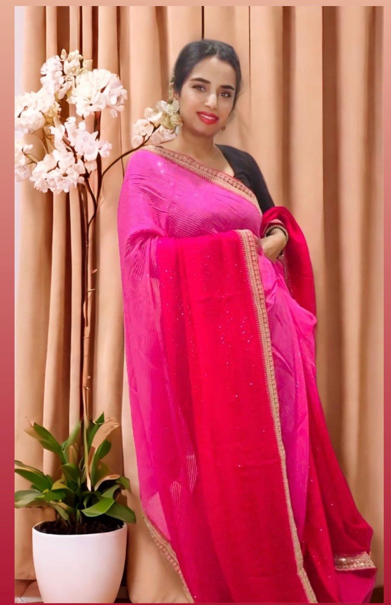 Pure Georgette Sequins Sabyasachi Designer Saree - Pink with blouse fabric - TheChicTale-Chikankari-Sarees