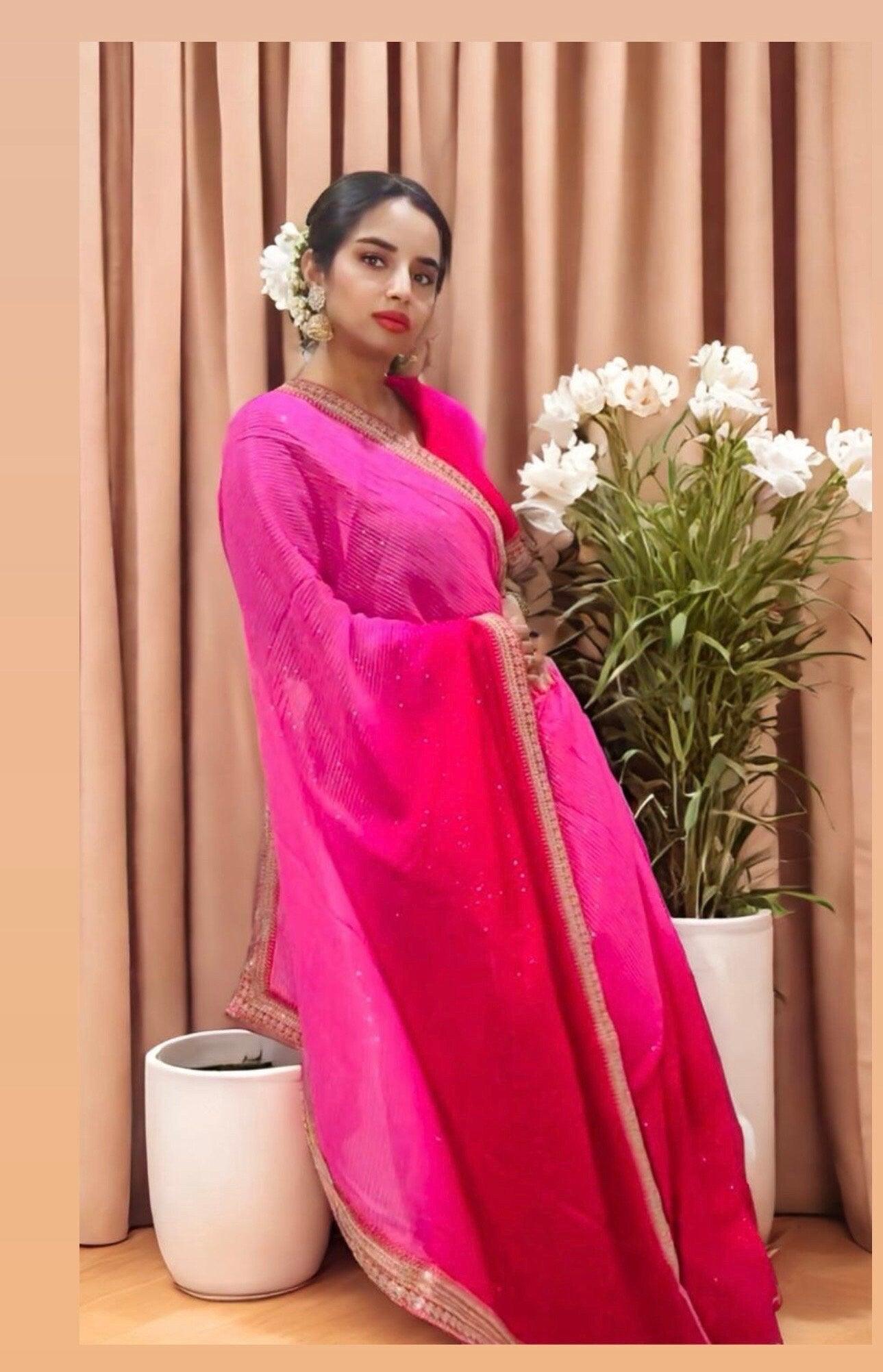 Pure Georgette Sequins Sabyasachi Designer Saree - Pink with blouse fabric - TheChicTale-Chikankari-Sarees