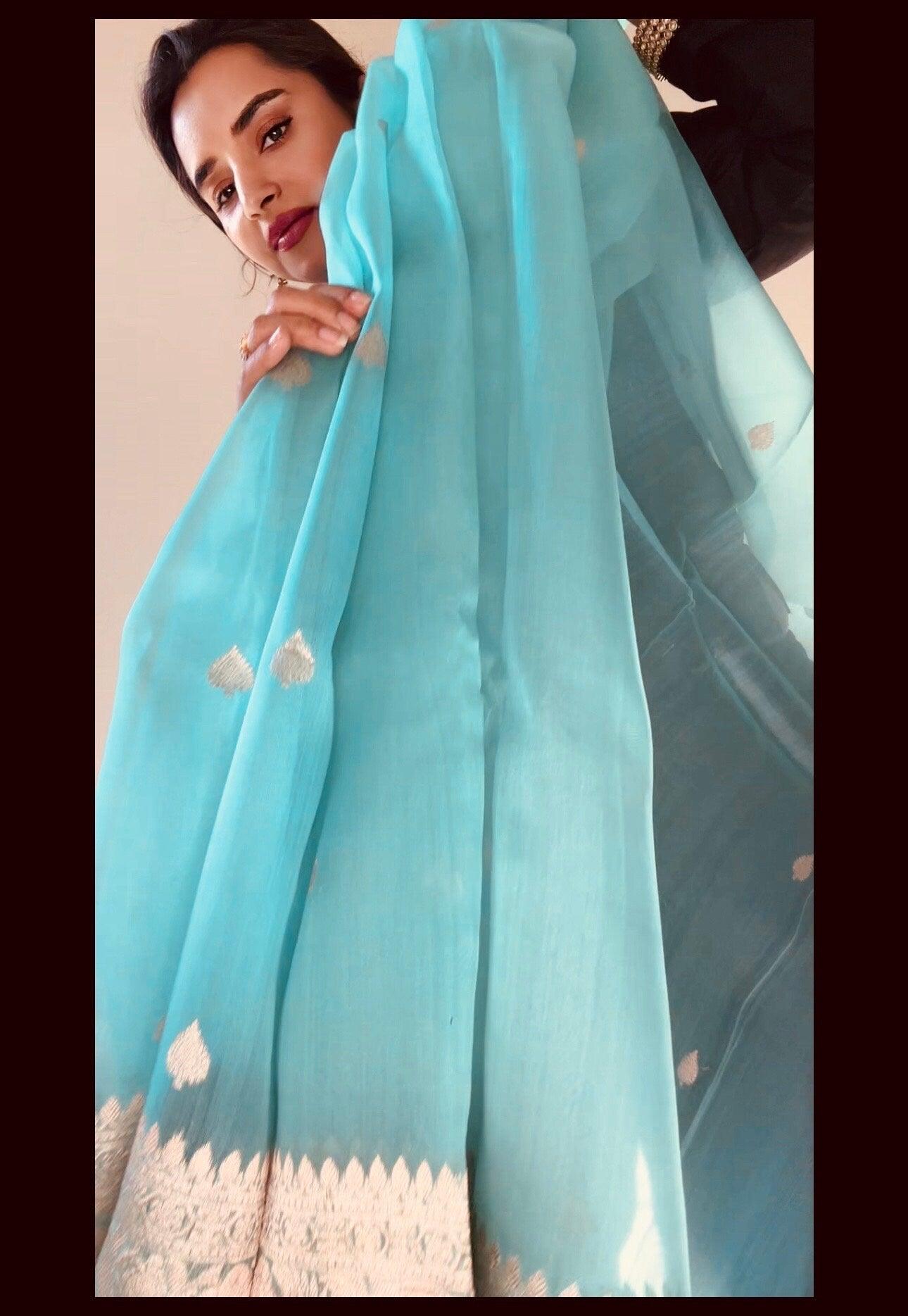 Banarasi Kora Silk Saree Handwoven Sea Green Silk mark - TheChicTale-Kora/Organza-Sarees