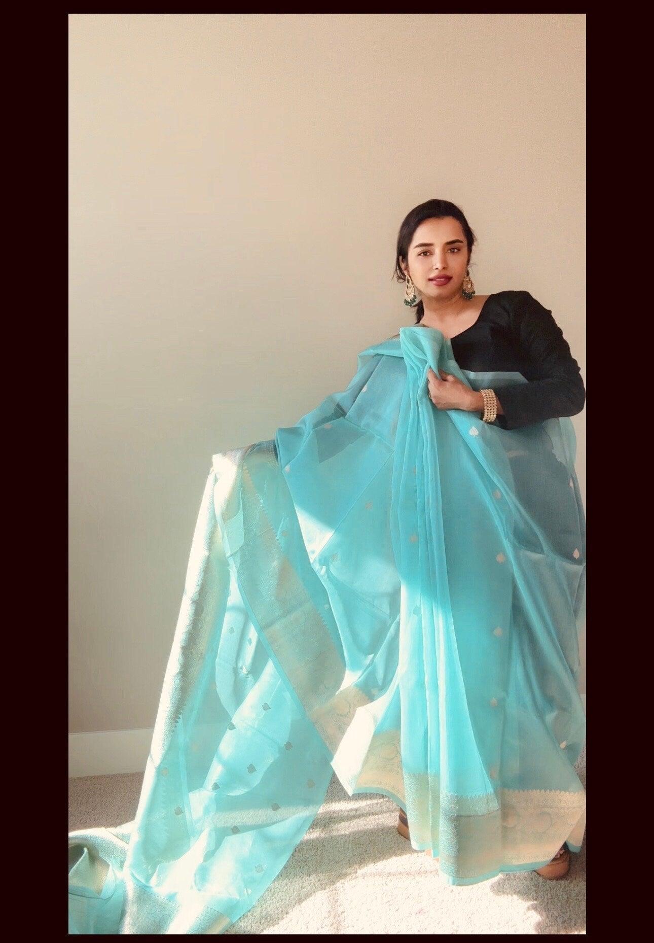 Banarasi Kora Silk Saree Handwoven Sea Green Silk mark - TheChicTale-Kora/Organza-Sarees