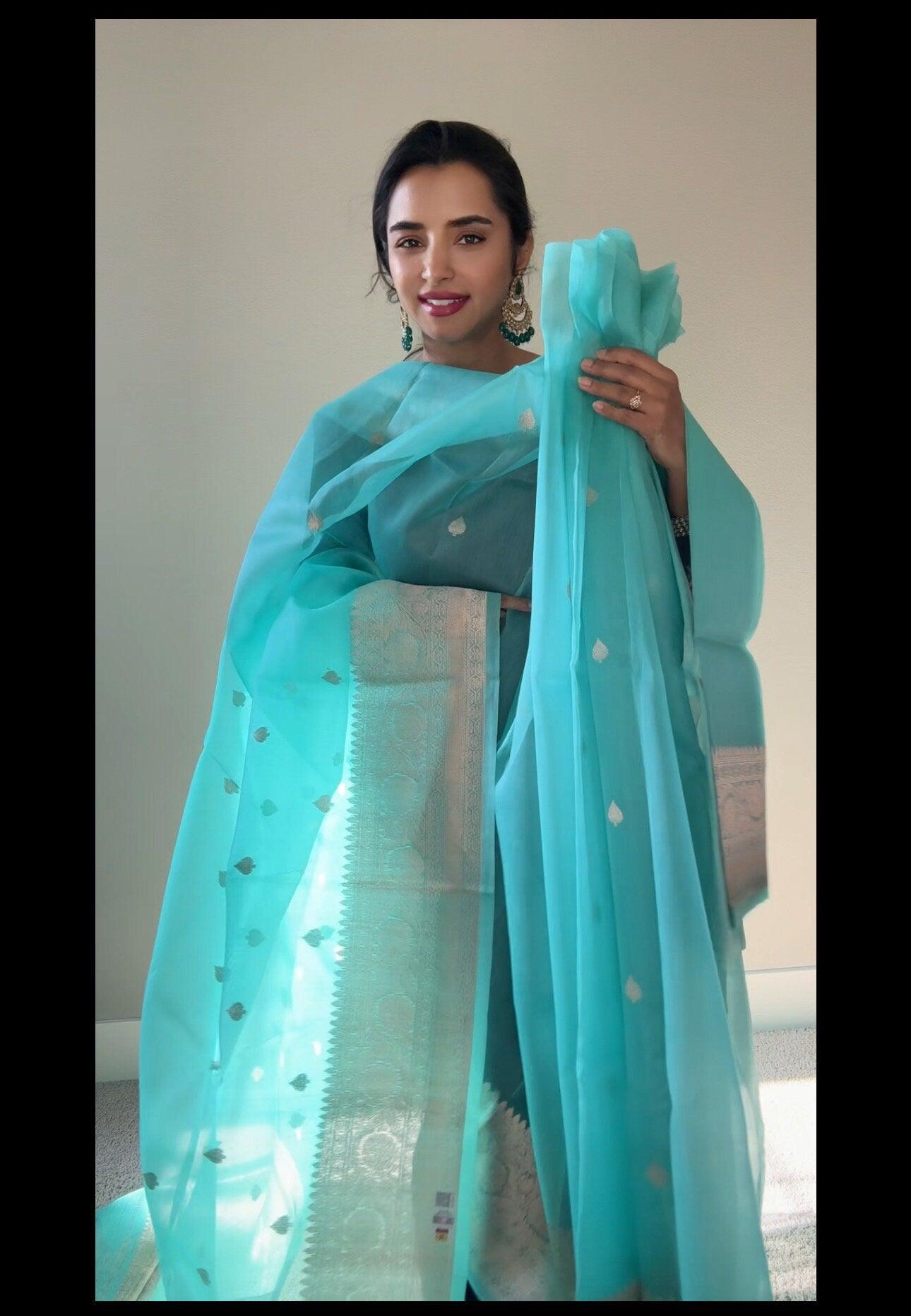 Banarasi Kora Silk Saree Handwoven Sea Green Silk mark - TheChicTale-Kora/Organza-Sarees