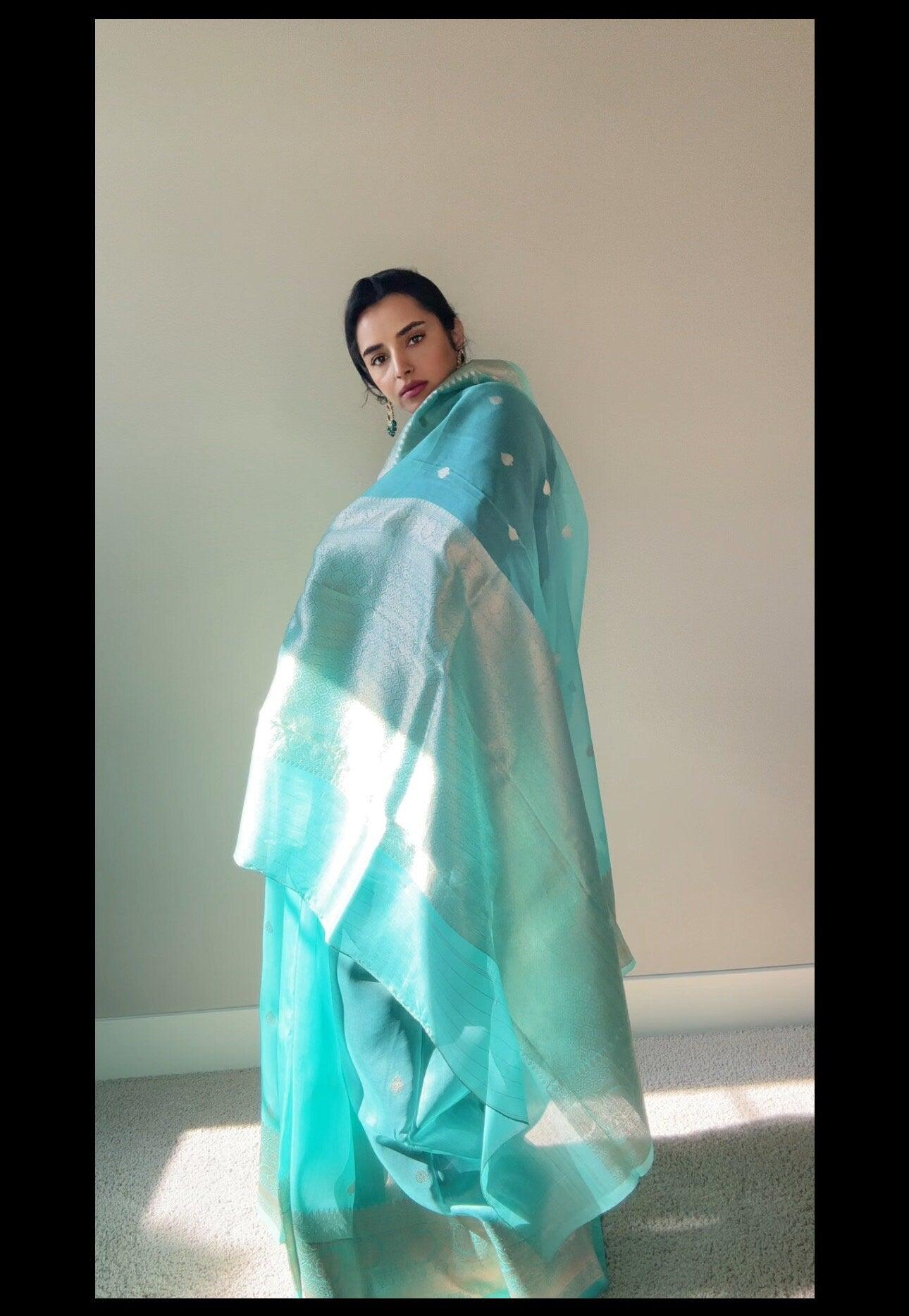 Banarasi Kora Silk Saree Handwoven Sea Green Silk mark - TheChicTale-Kora/Organza-Sarees