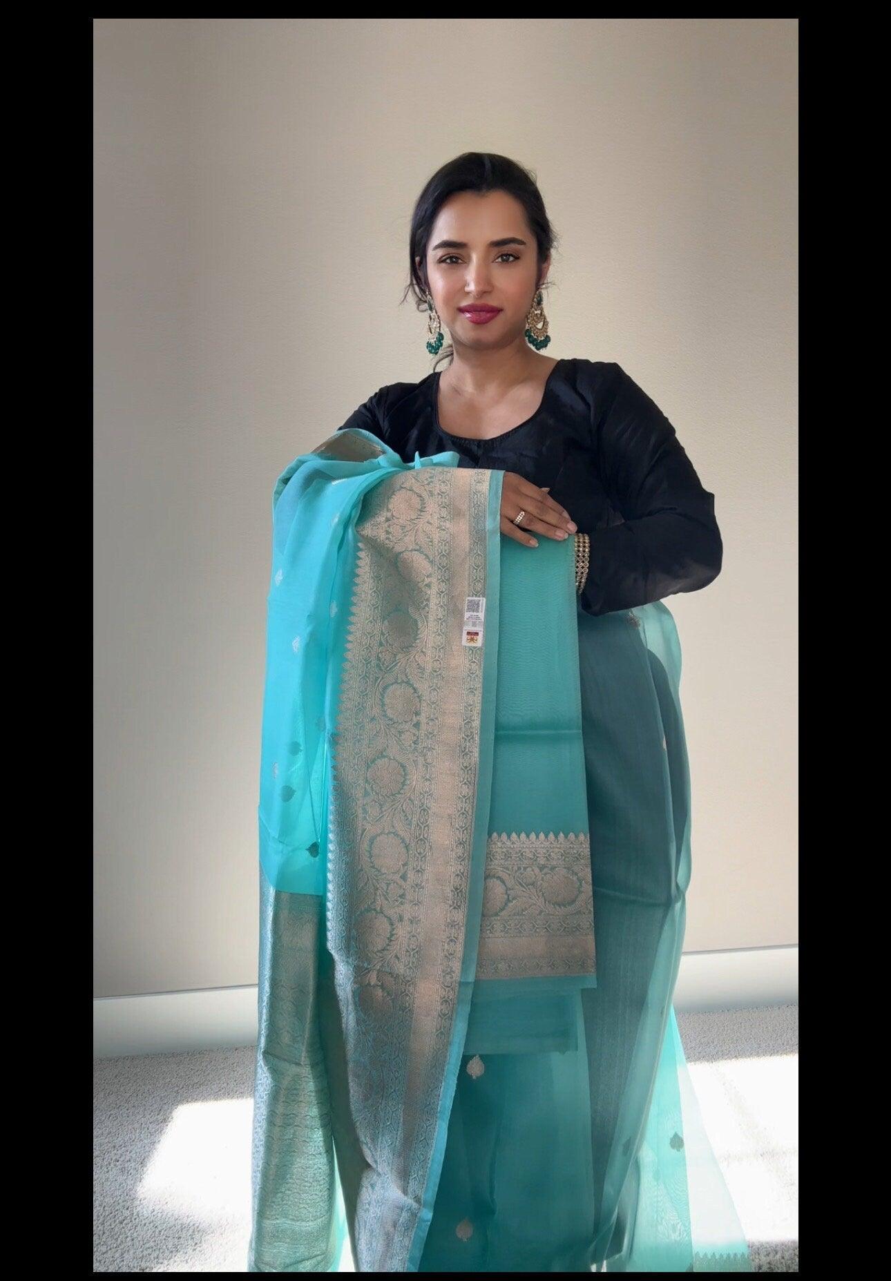 Banarasi Kora Silk Saree Handwoven Sea Green Silk mark - TheChicTale-Kora/Organza-Sarees
