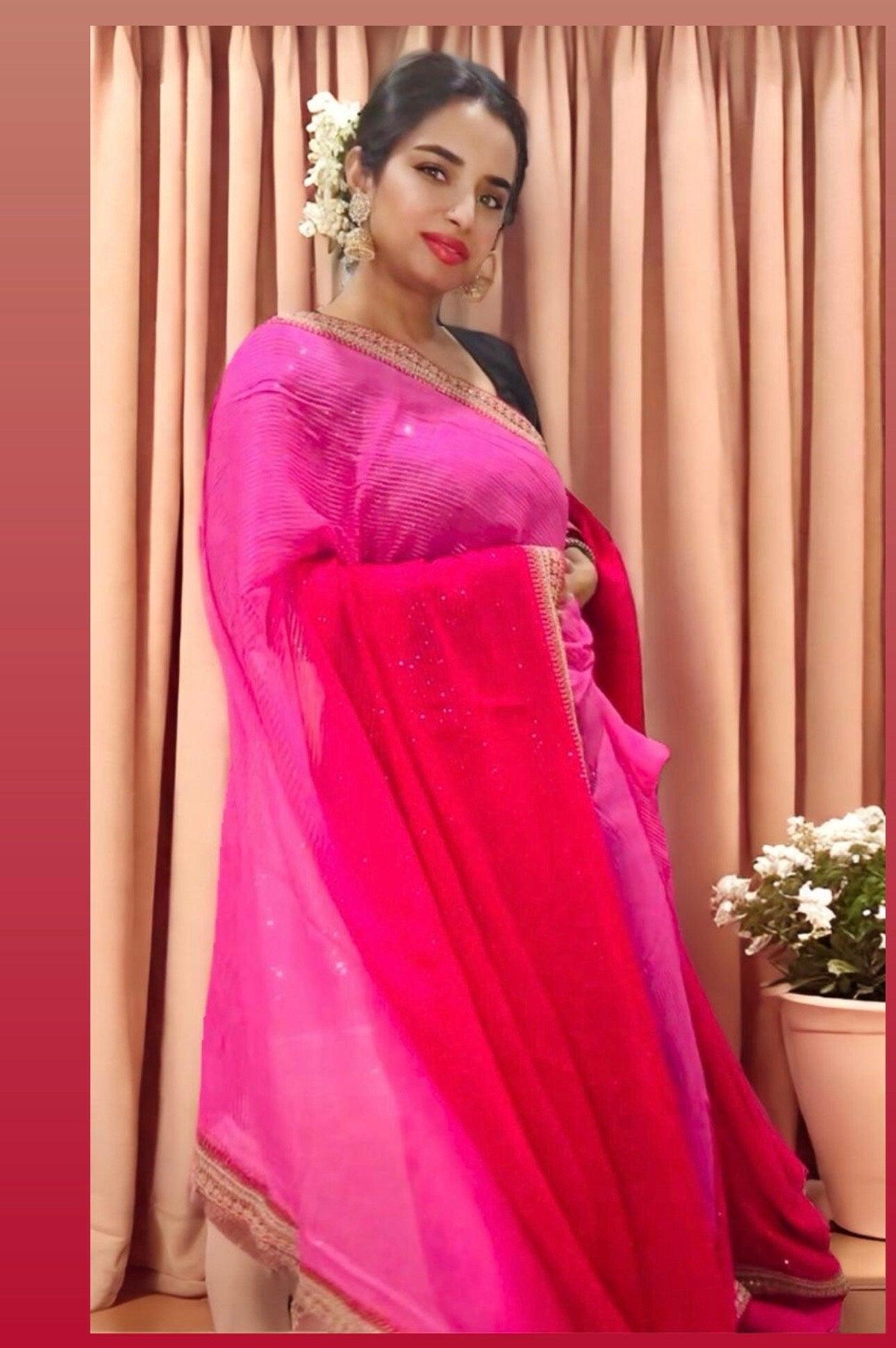 Pure Georgette Sequins Sabyasachi Designer Saree - Pink with blouse fabric - TheChicTale-Chikankari-Sarees