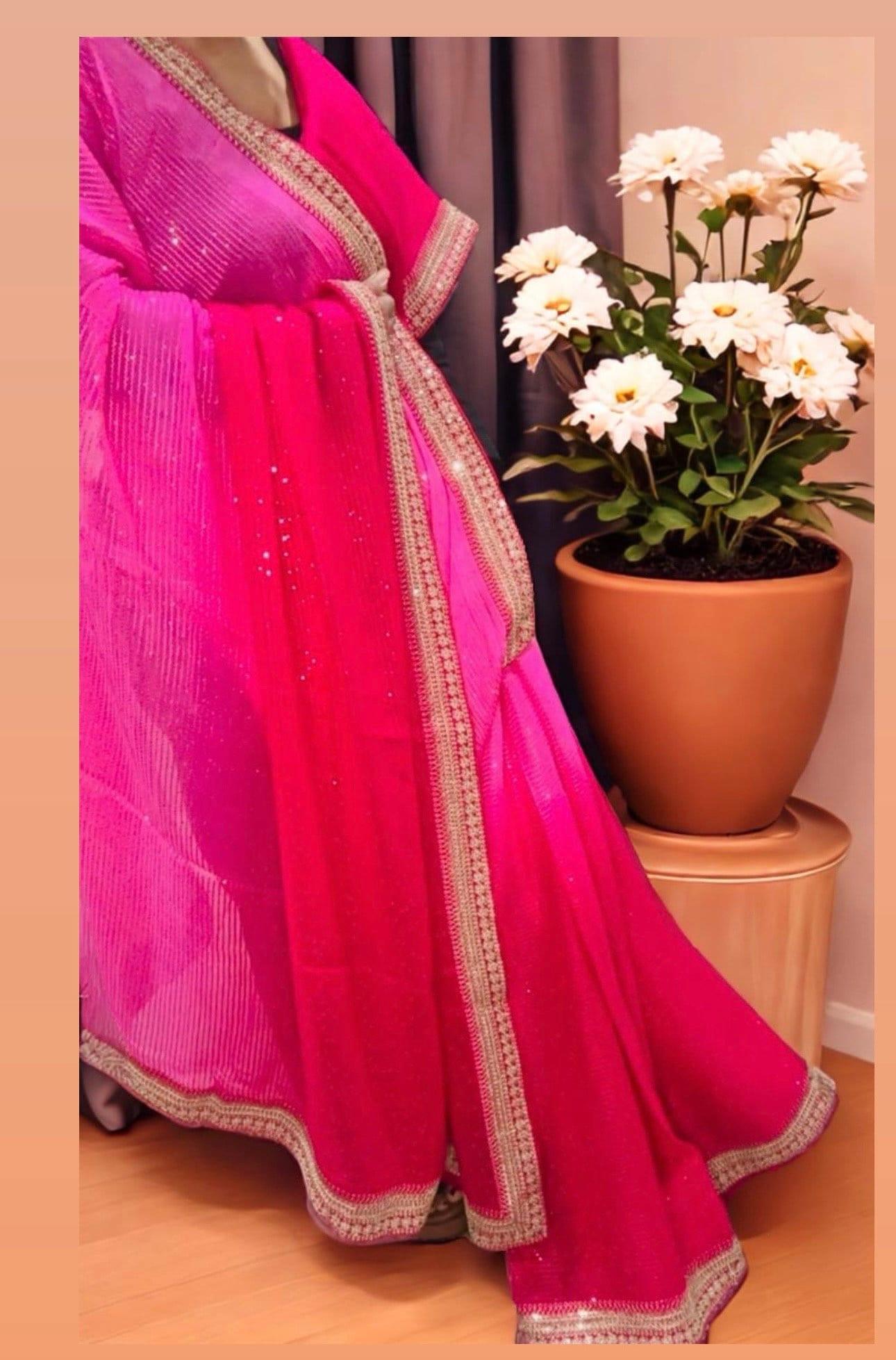 Pure Georgette Sequins Sabyasachi Designer Saree - Pink with blouse fabric - TheChicTale-Chikankari-Sarees