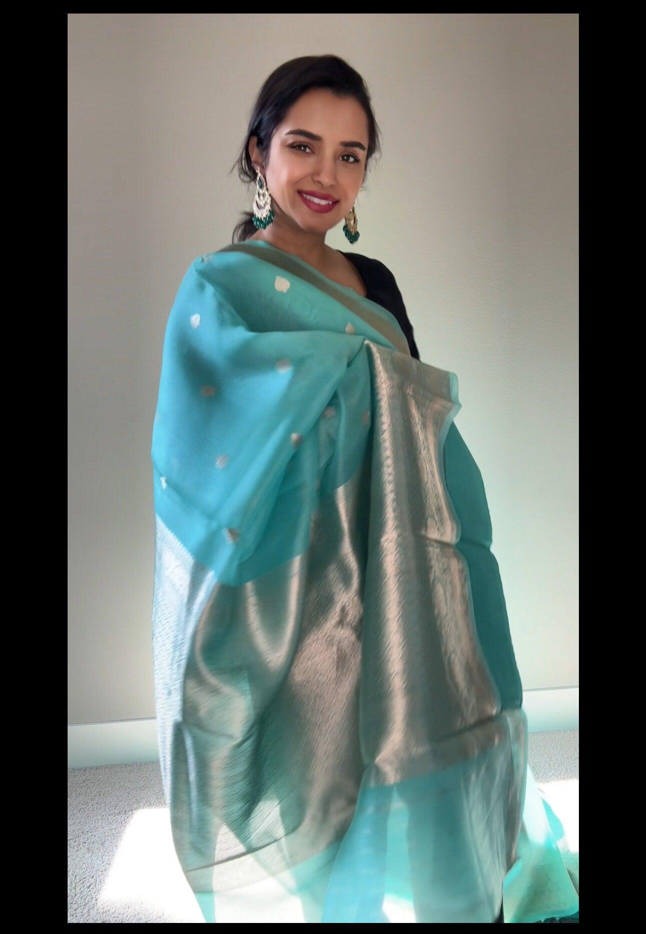 Banarasi Kora Silk Saree Handwoven Sea Green Silk mark - TheChicTale-Kora/Organza-Sarees