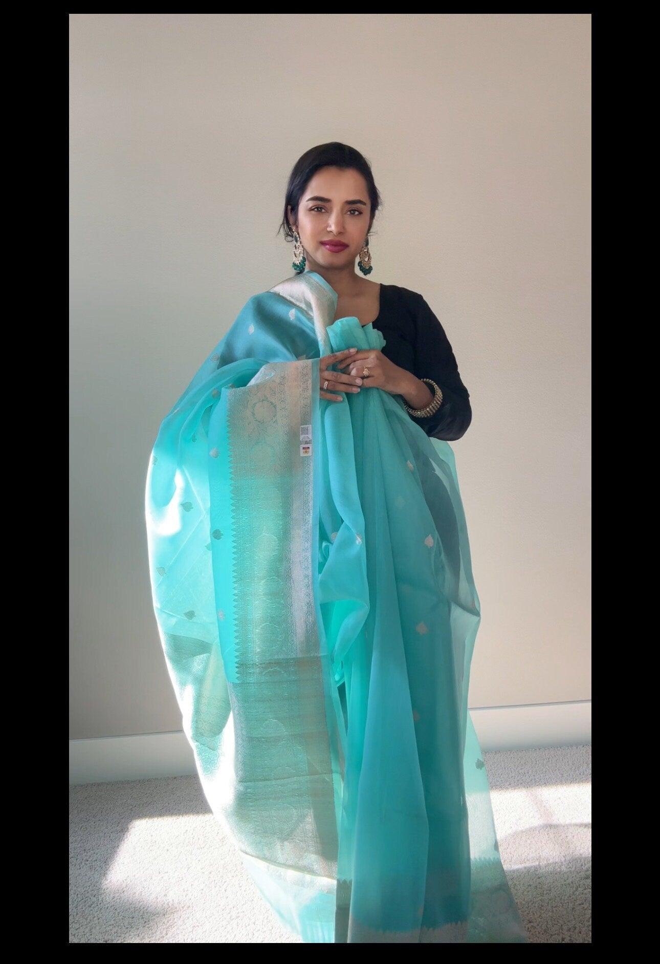 Banarasi Kora Silk Saree Handwoven Sea Green Silk mark - TheChicTale-Kora/Organza-Sarees
