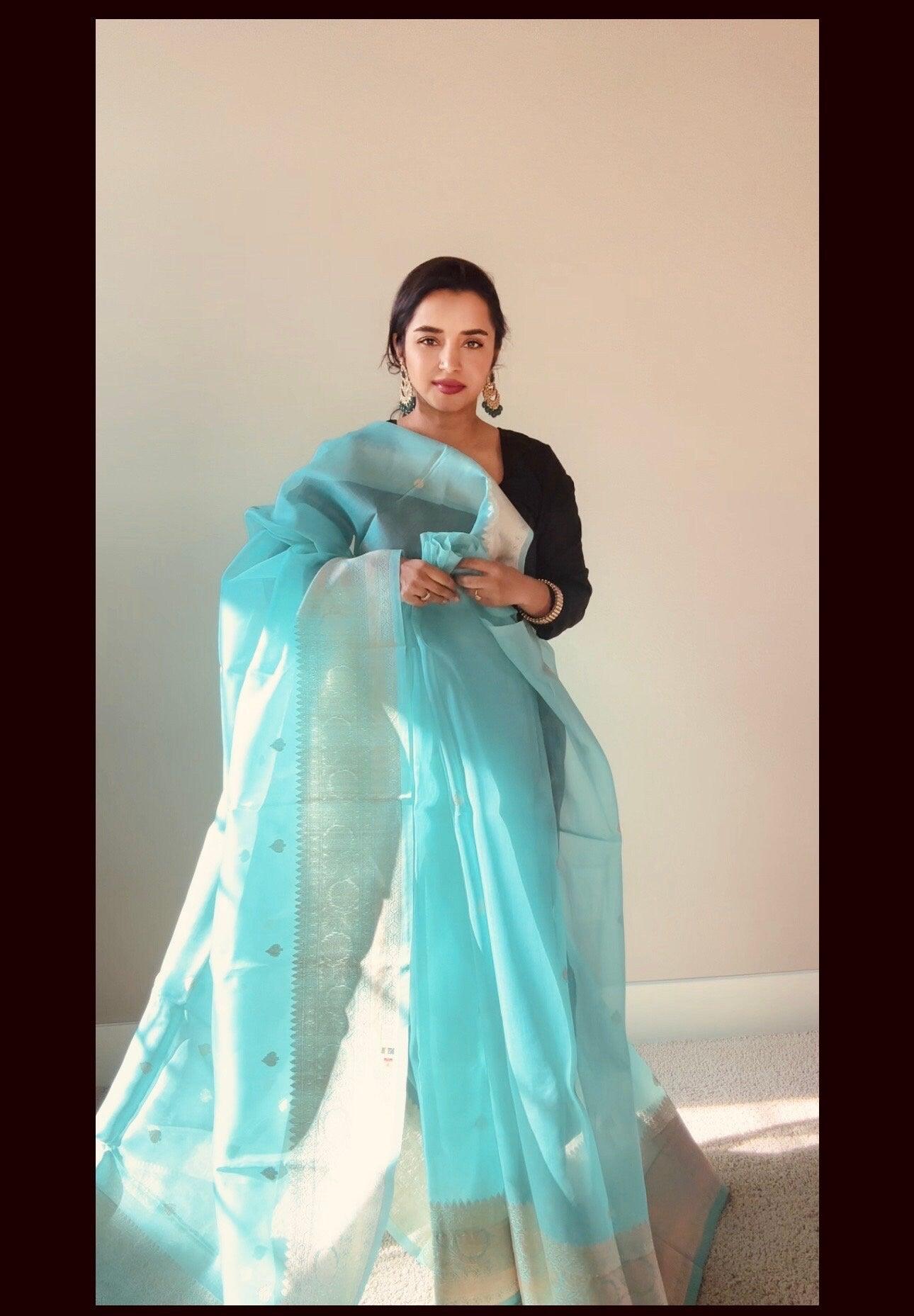 Banarasi Kora Silk Saree Handwoven Sea Green Silk mark - TheChicTale-Kora/Organza-Sarees