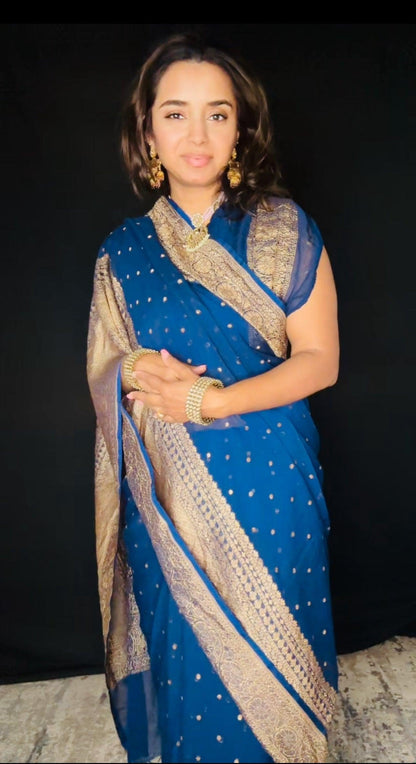 Greenish Blue Banarasi Saree Pure Khaddi Georgette with Antique Zari