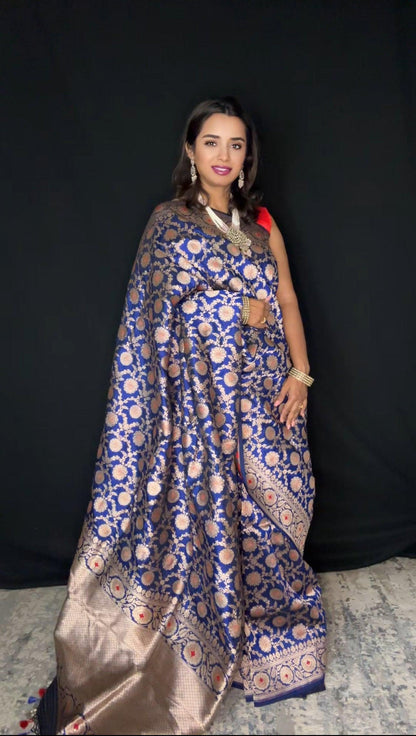 Nita Ambani Inspired Pure Katan Handwoven Banarasi Saree with Silk Mark - Jaal - Meenakari