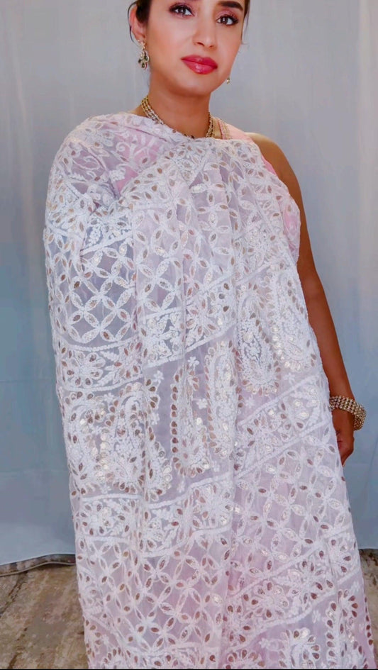 Authentic Hand Lucknowi Chikankari Full Jaal  with Gotta Patti  Georgette Saree Pastel Pink