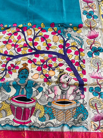 Pen Kalamkari with zari border in Silk - with silk Mark