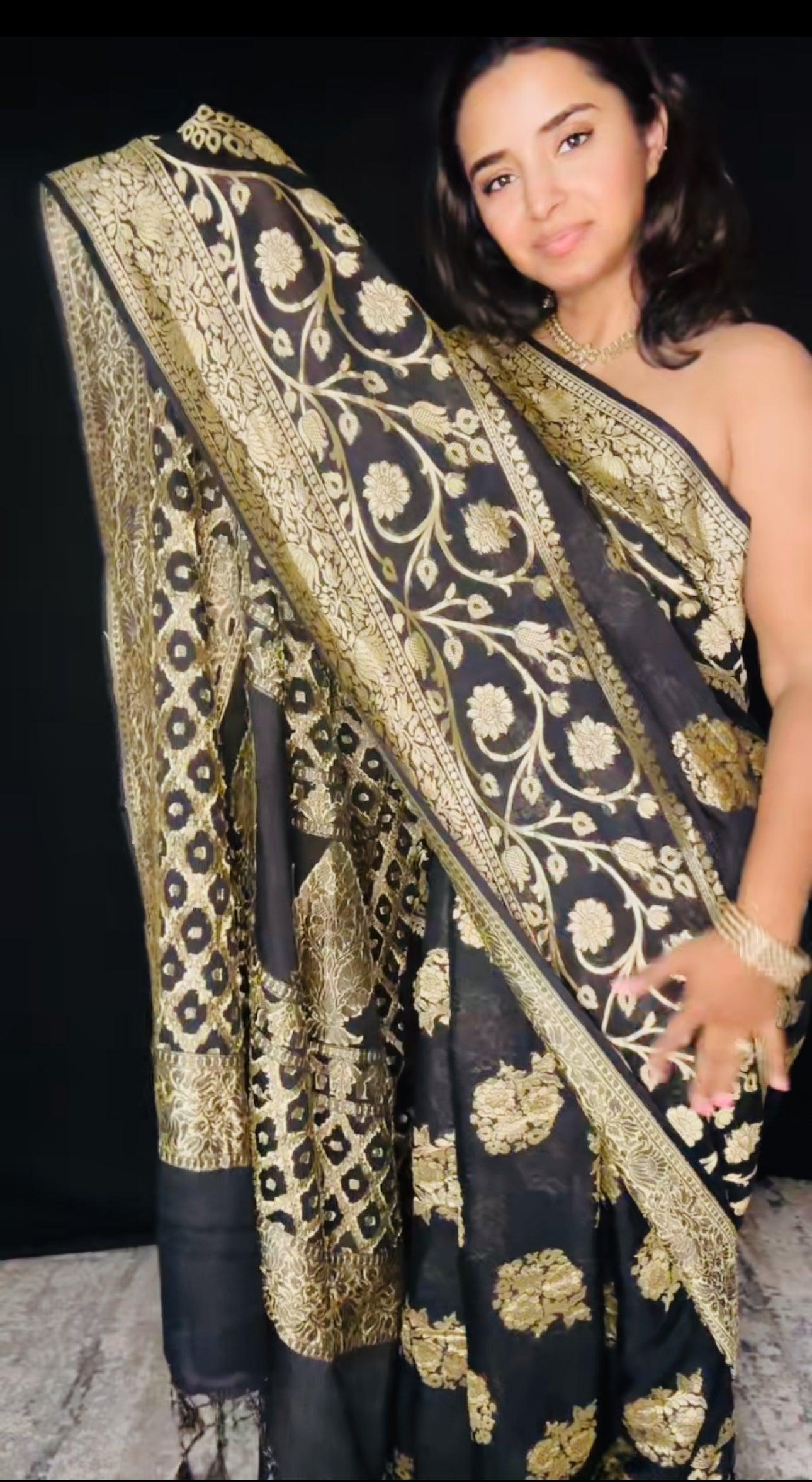 Black Banarasi Saree Pure Khaddi Georgette with Gold Zari