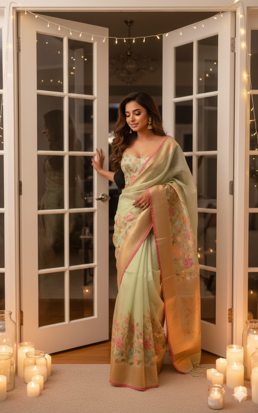 Green Banarasi Tissue Silk Saree with Skirt Border Stitched Blouse