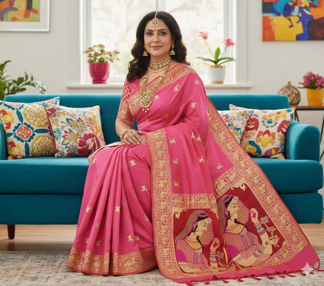 Pure Katan Silk Banarasi Saree with Meenakari ‘Padmavati’ Dulhan Pallu & Deer Motifs | Handwoven Heirloom - Made to order