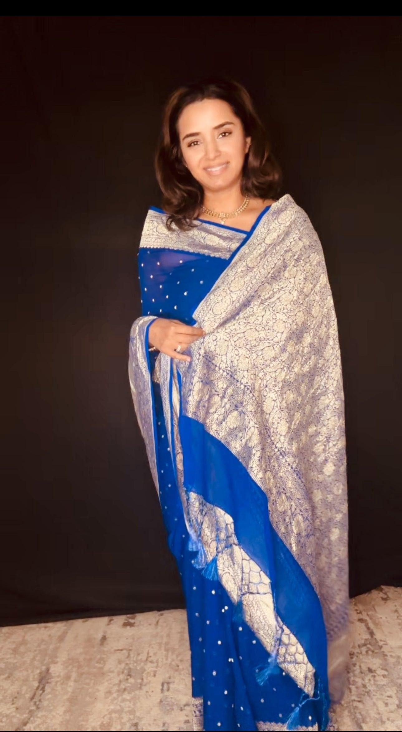 Electric Blue Banarasi Saree Pure Khaddi Georgette with Dual tone Zari