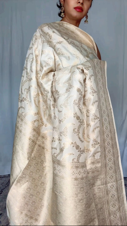 Exquisite  Handwoven Katan Silk Saree Ivory  - Silk Mark certified