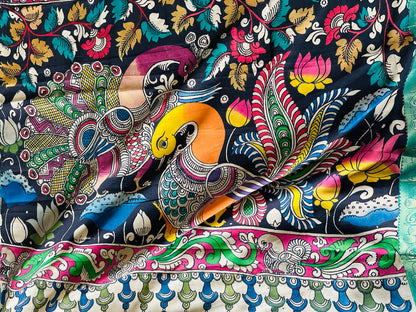 Pen Kalamkari with zari border in Silk - with silk Mark