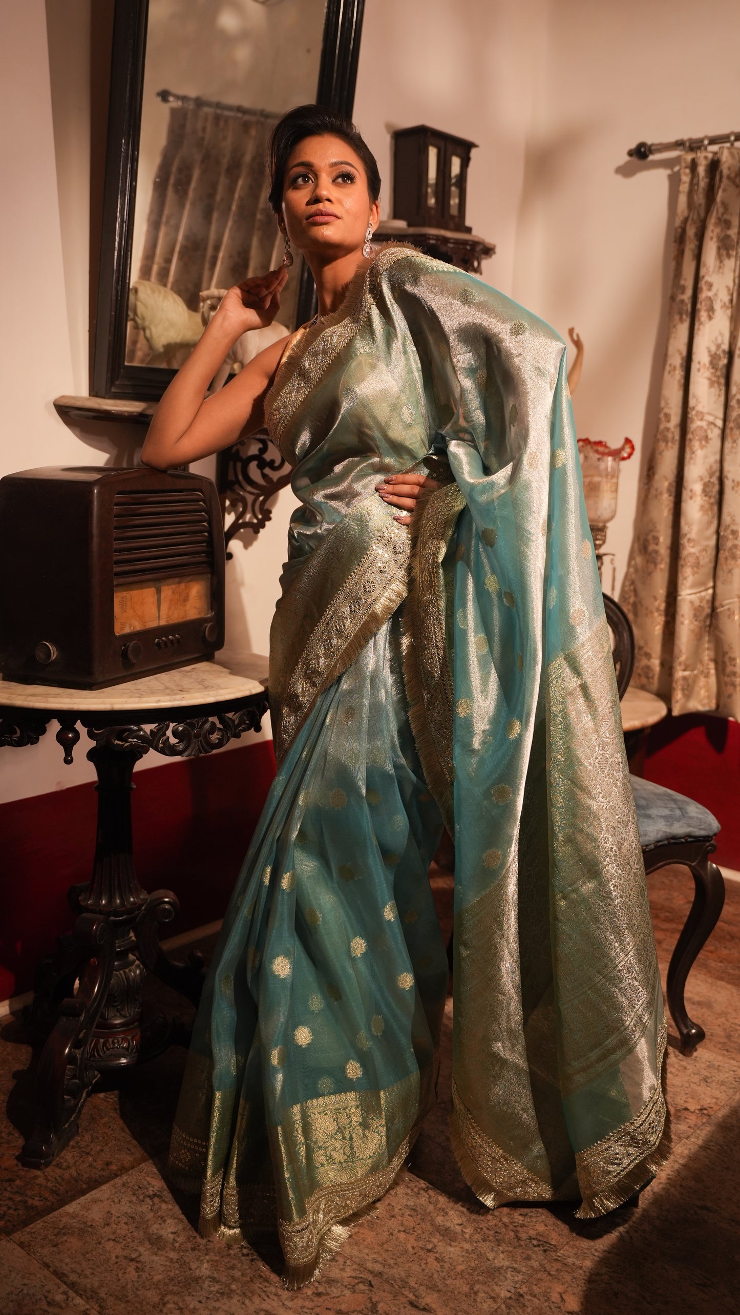 Blue Banarasi Tissue Silk Saree with Gotta Patti with stitched blouse