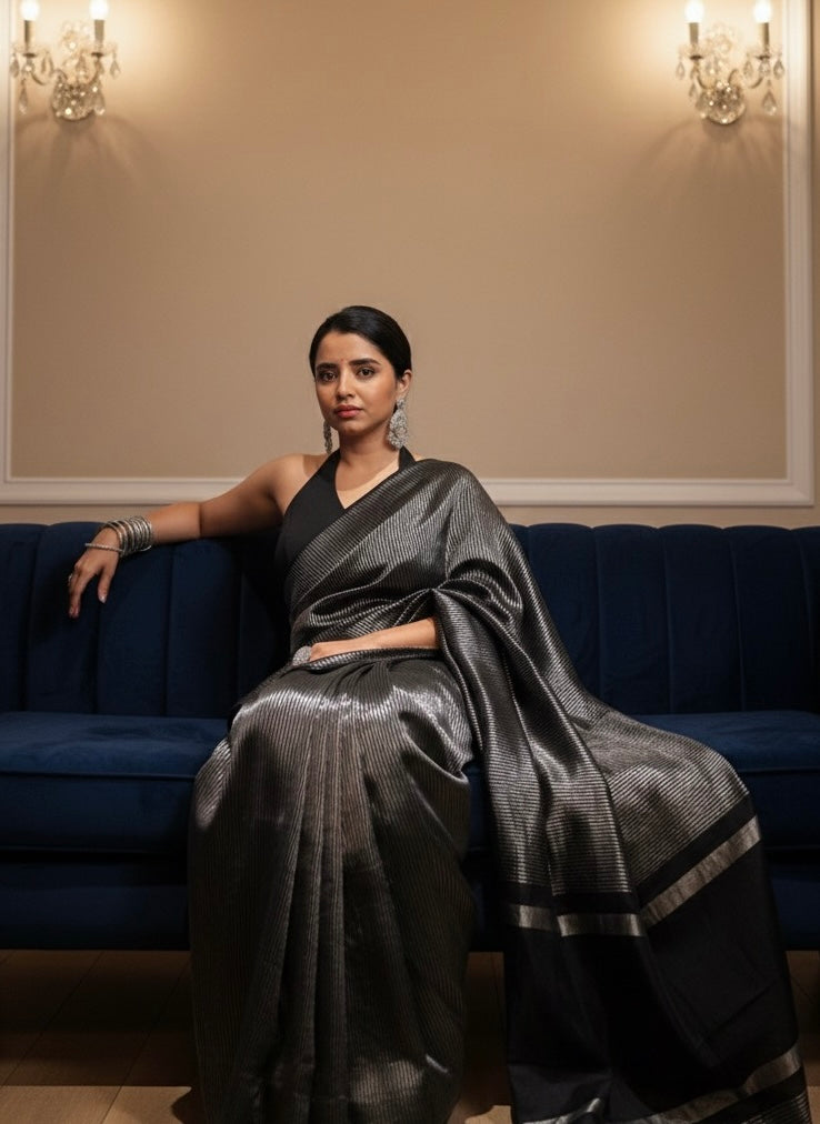 Noor Banarasi  Pure Tissue Silk  Handwoven  Saree with blouse fabric with silver Zari stripes