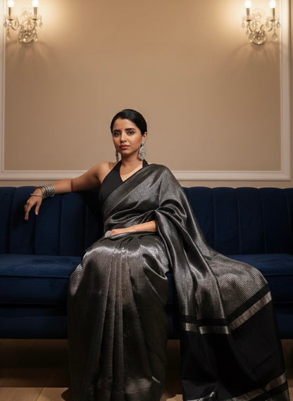 Noor Banarasi  Pure Tissue Silk  Handwoven  Saree with blouse fabric with silver Zari stripes