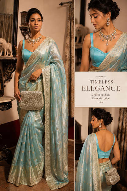Blue Banarasi Tissue Silk Saree with Gotta Patti with stitched blouse