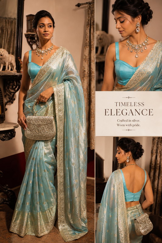 Blue Banarasi Tissue Silk Saree with Gotta Patti with stitched blouse