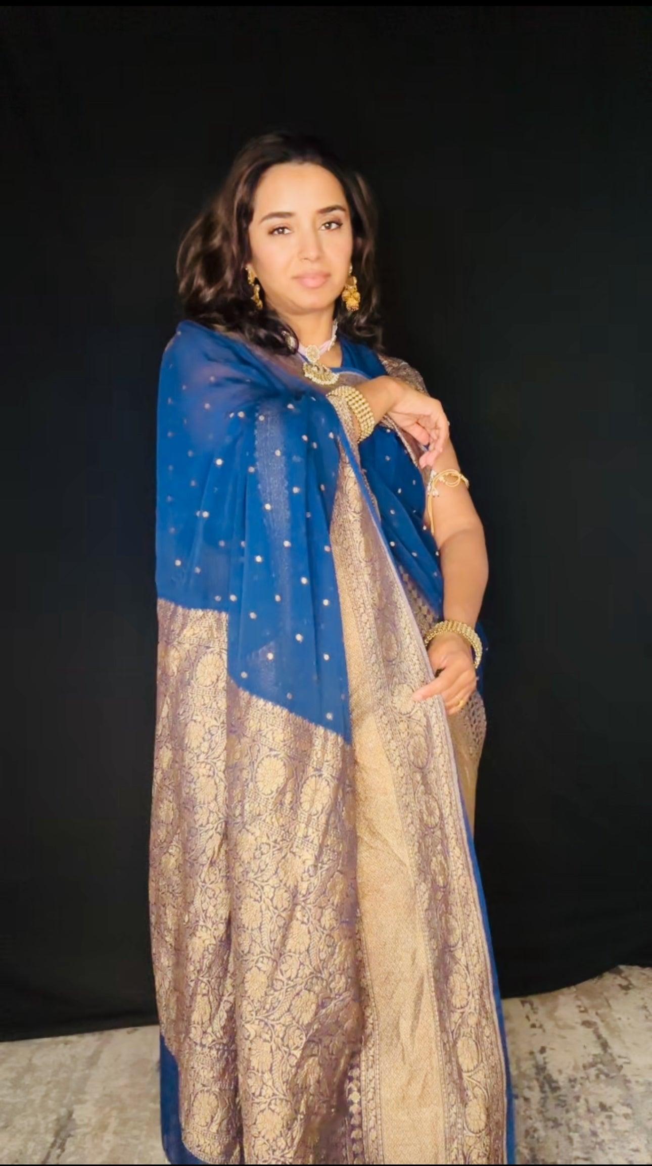 Greenish Blue Banarasi Saree Pure Khaddi Georgette with Antique Zari