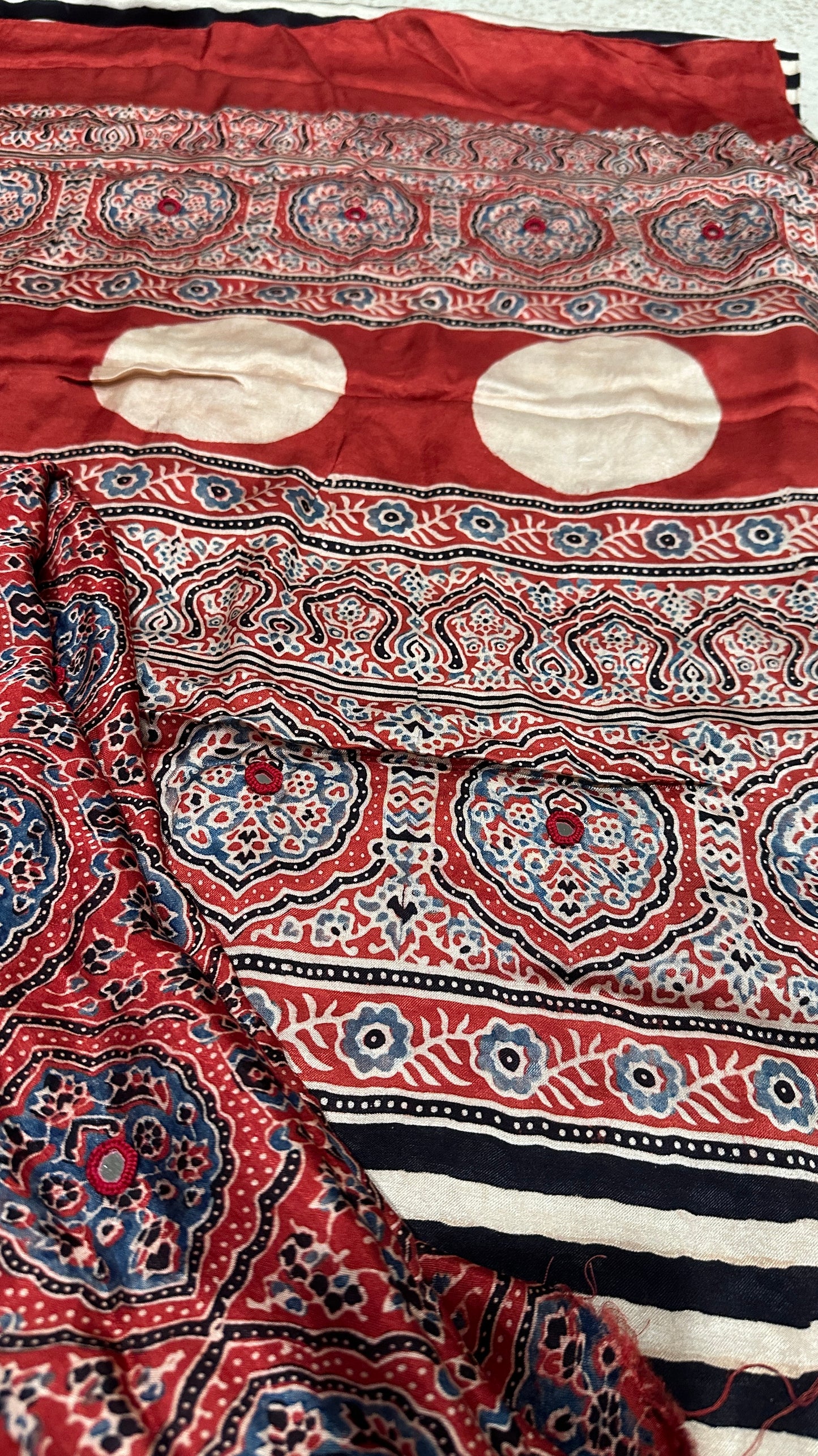 Pure Modal Silk Ajrak Saree with Hand Mirror Work Handcrafted Saree