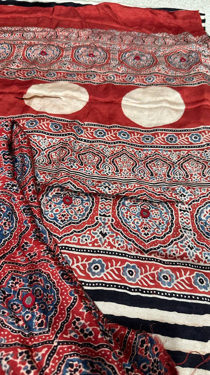 Pure Modal Silk Ajrak Saree with Hand Mirror Work Handcrafted Saree
