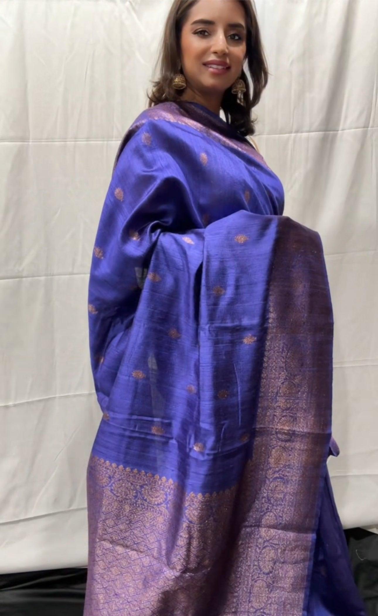 Pure Tussar Banarasi Handwoven Saree with floral blouse peice