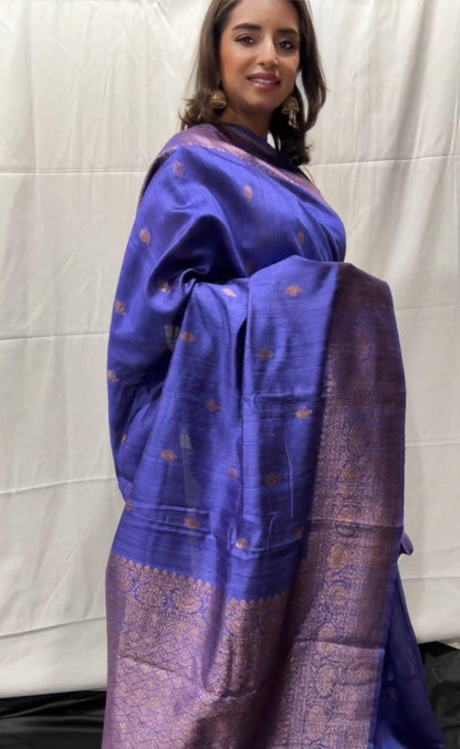 Pure Tussar Banarasi Handwoven Saree with floral blouse peice