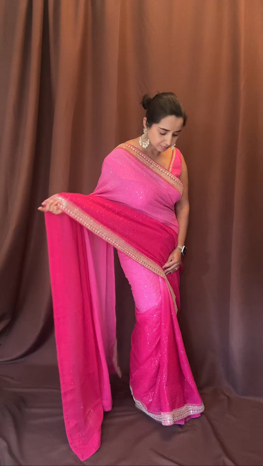 Pure Georgette Sequins  Sabyasachi Designer Saree - Pink with blouse fabric