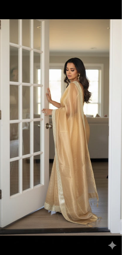 The Golden Hour Saree - Banarasi  Pure Tissue Silk  Handwoven  Saree with blouse fabric - Ivory