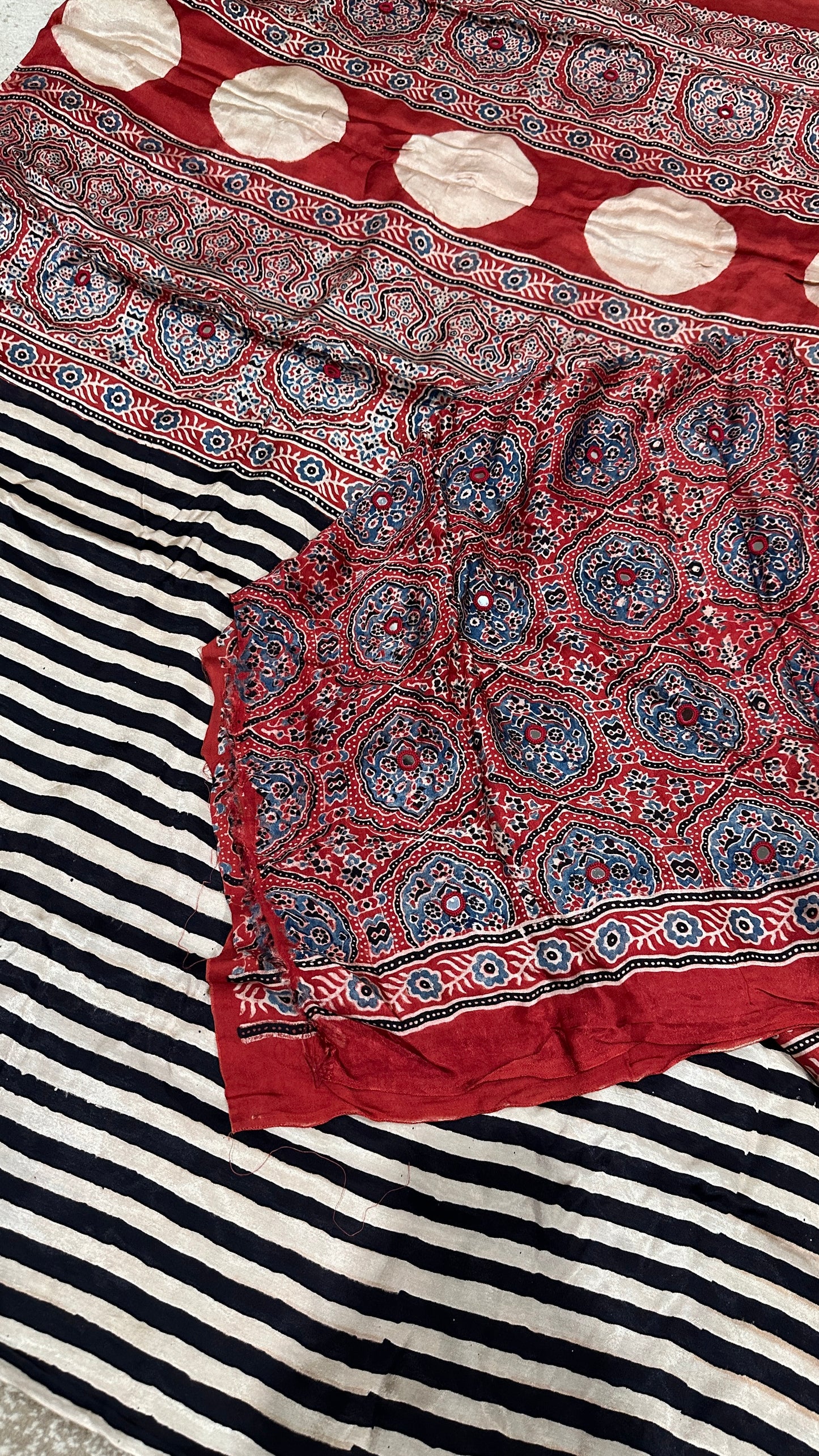 Pure Modal Silk Ajrak Saree with Hand Mirror Work Handcrafted Saree