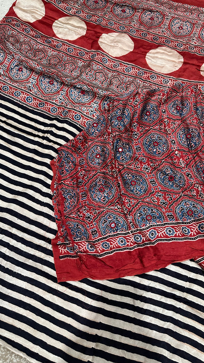 Pure Modal Silk Ajrak Saree with Hand Mirror Work Handcrafted Saree