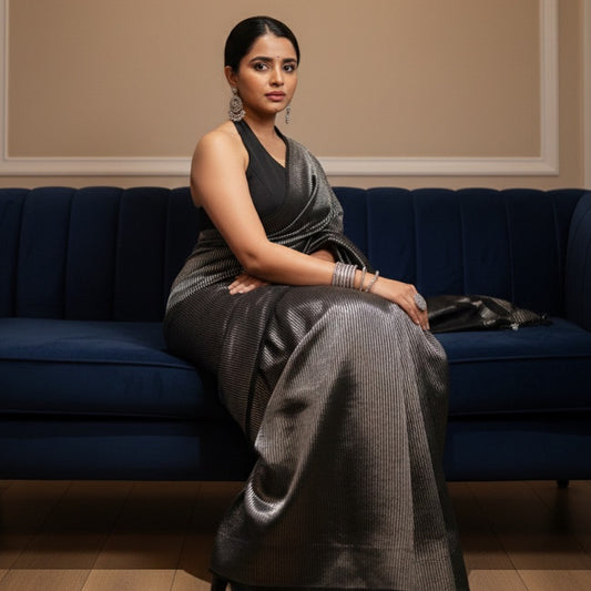 Noor Banarasi  Pure Tissue Silk  Handwoven  Saree with blouse fabric with silver Zari stripes