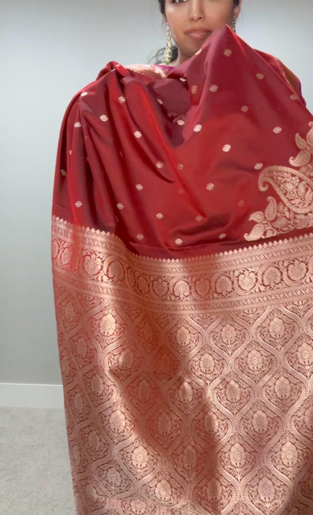 Banarasi Silk Saree Mashru - Brownish Red