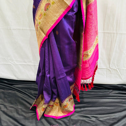 Pure Tussar Banarasi Handwoven Saree with hand brush rangkart