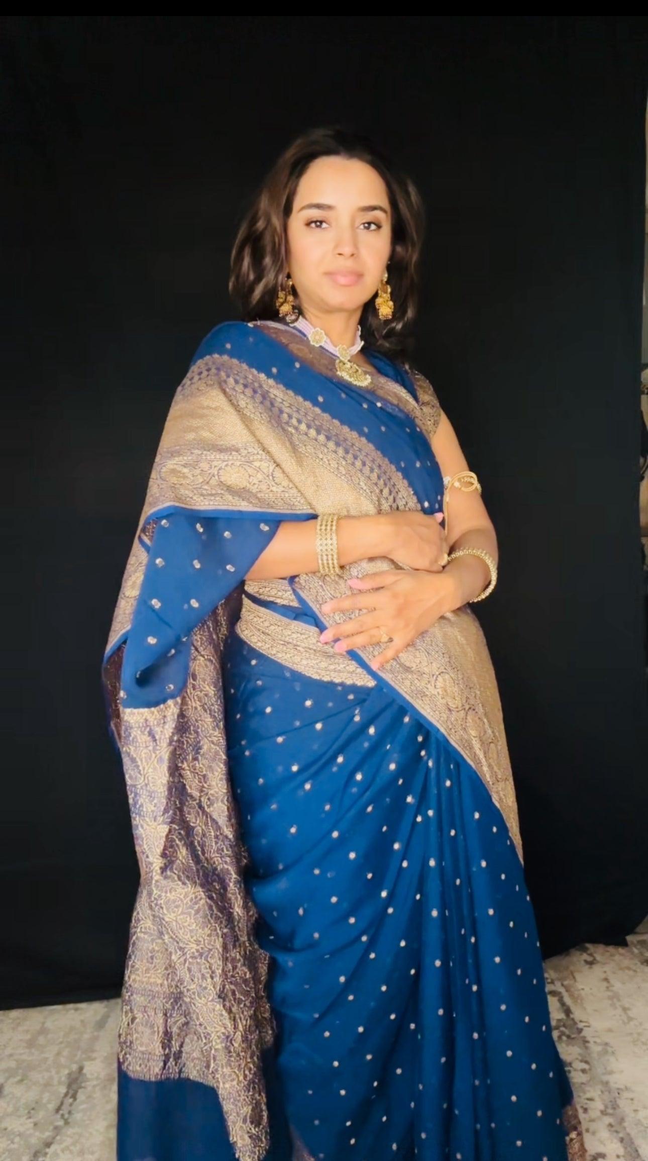 Greenish Blue Banarasi Saree Pure Khaddi Georgette with Antique Zari