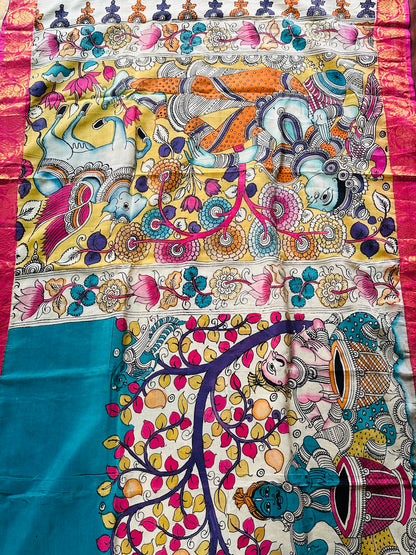 Pen Kalamkari with zari border in Silk - with silk Mark