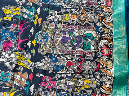 Pen Kalamkari with zari border in Silk - with silk Mark