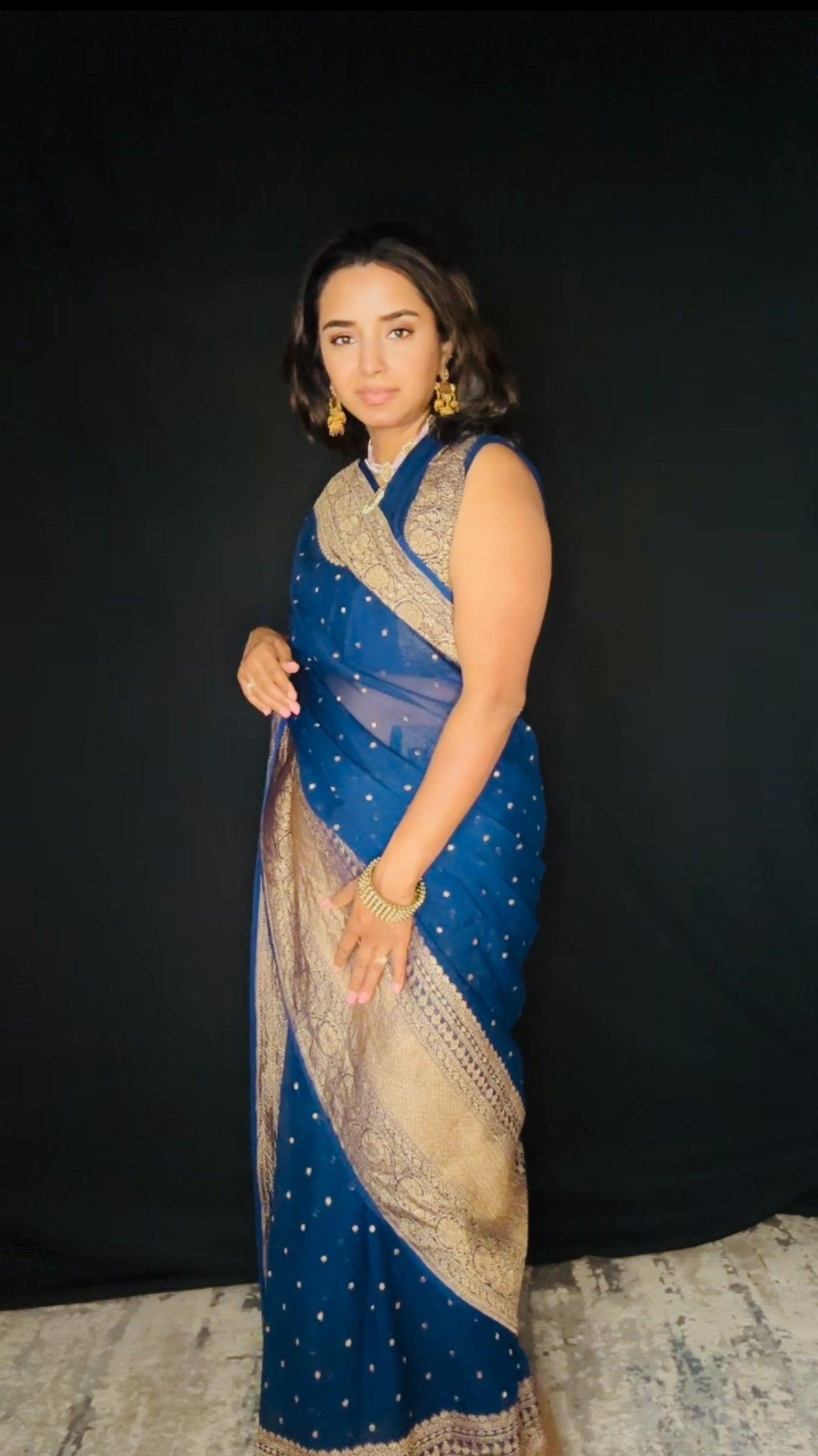 Greenish Blue Banarasi Saree Pure Khaddi Georgette with Antique Zari