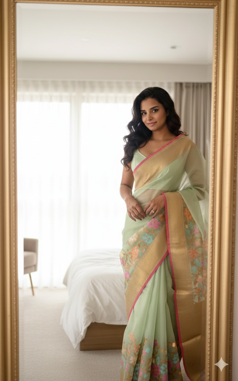 Green Banarasi Tissue Silk Saree with Skirt Border Stitched Blouse