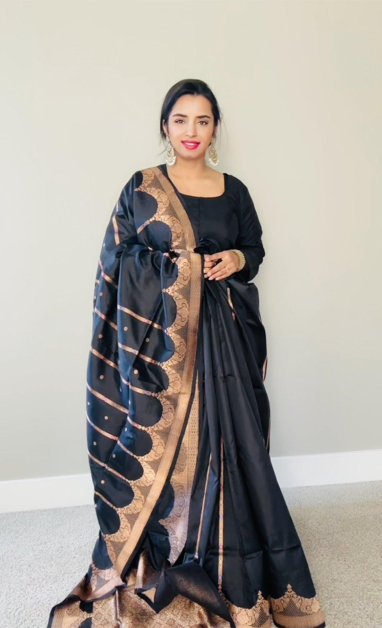 Exquisite Banarasi Handwoven Black Katan Silk Saree with Gold Zari Silk Mark Saree with blouse