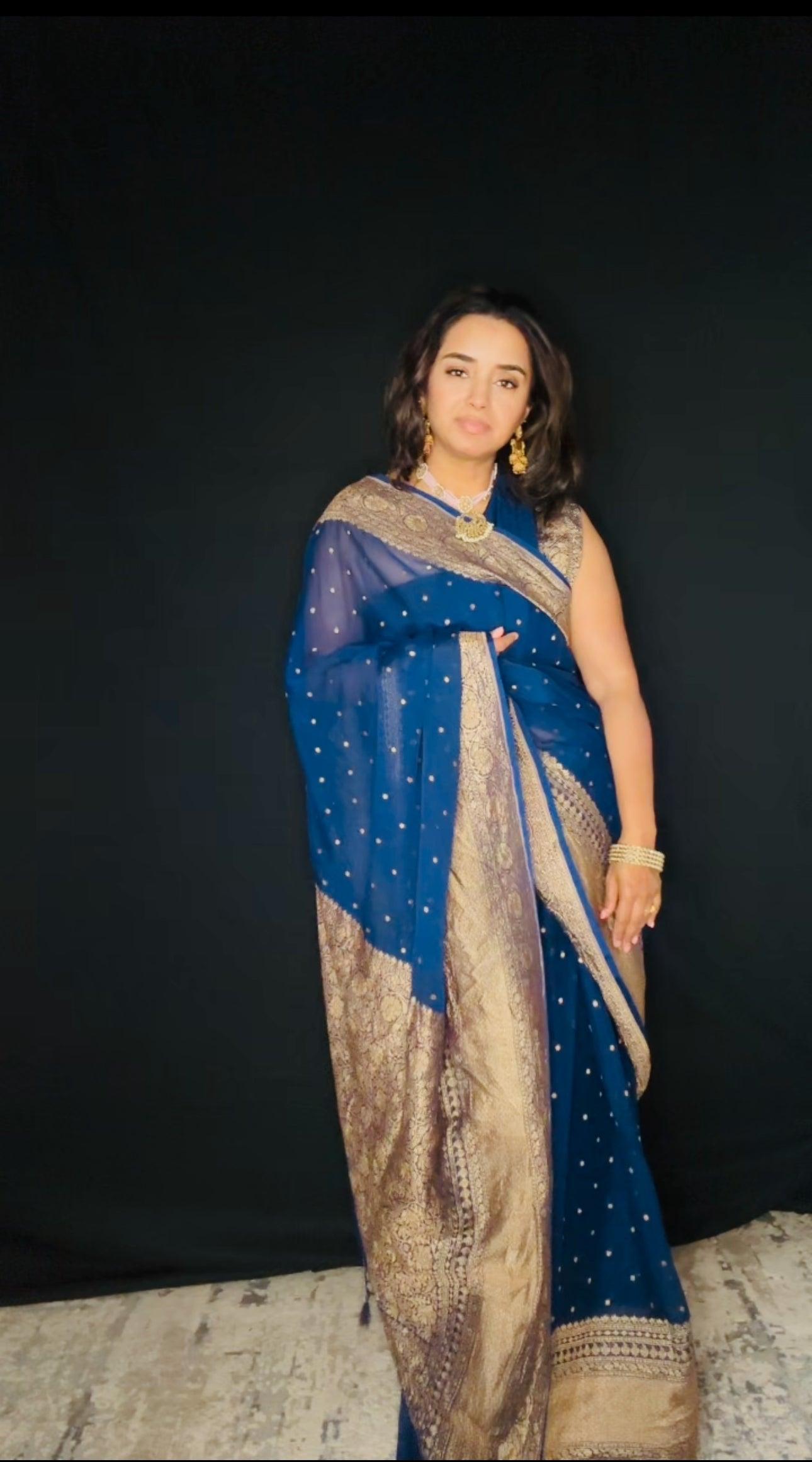 Greenish Blue Banarasi Saree Pure Khaddi Georgette with Antique Zari