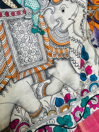 Pen Kalamkari with zari border in Silk - with silk Mark