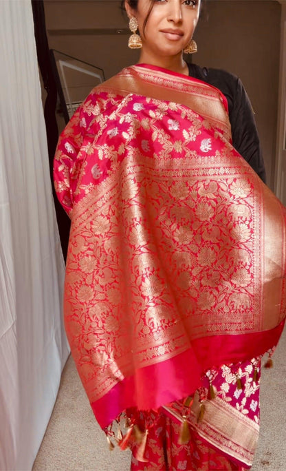 Banarasi Shikargah Pure Mulberry Katan Silk Saree with Sona and Rupa Zari